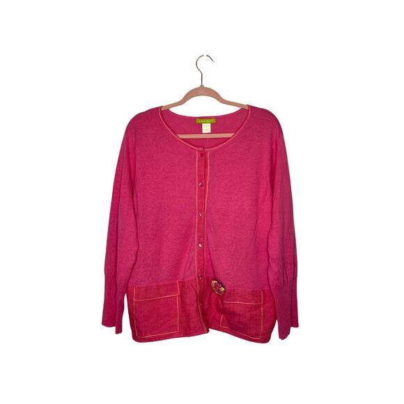 NWT Sigrid Olsen Fiesta Samba Island Flower Pink Long Sleeve Button Sweater 1X - Picture 1 of 9